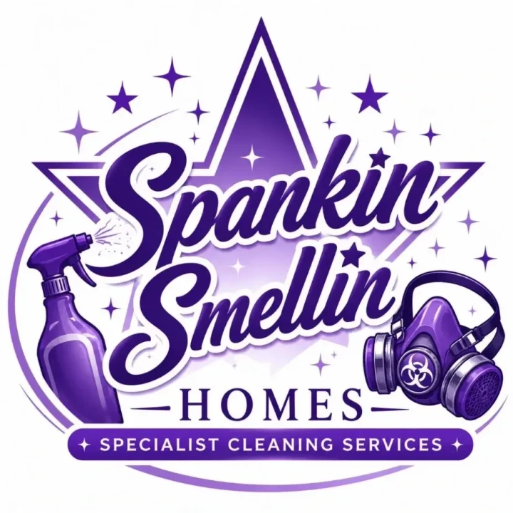 Spankin Smellin Homes logo: a purple star emblem with a spray bottle and a respirator mask marked with a biohazard symbol, above the words Specialist Cleaning Services.