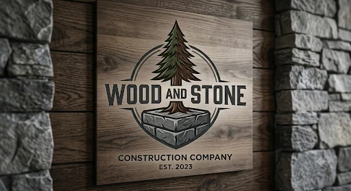 Wood and Stone Construction Company signage: a pine tree above a stone block, set in a circular emblem on a timber board.