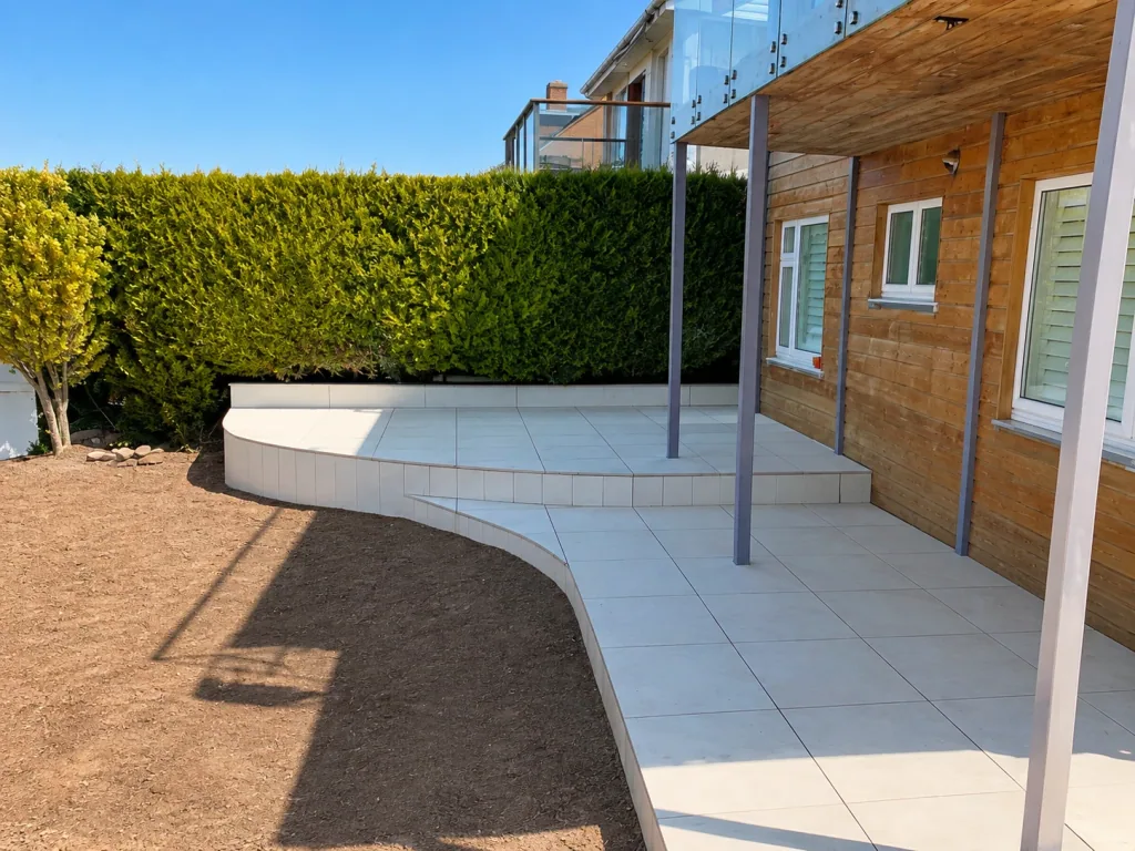 The finished curved pale paved terrace and step wrapping around the same timber-clad building, bordered by a clipped conifer hedge.